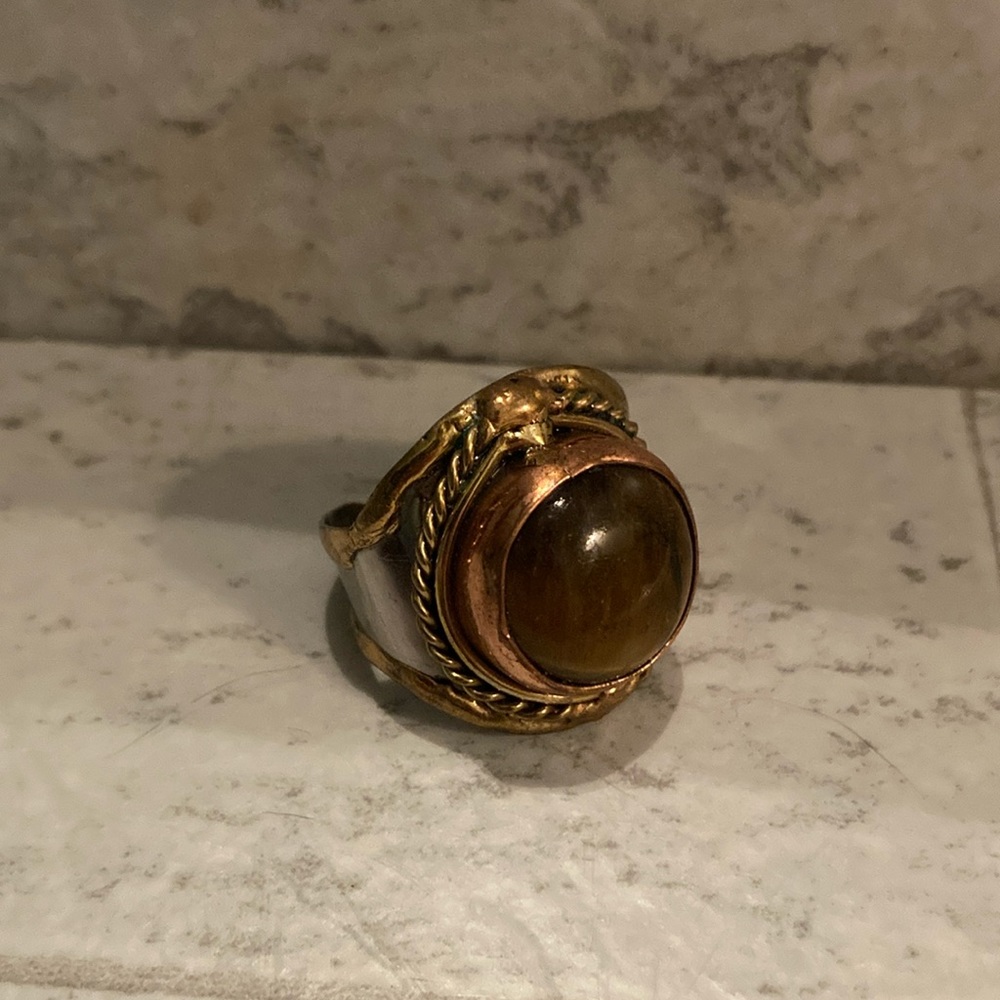 Anju Jewelry Janya Collection Handcrafted Mixed Metal Cuff Ring with Tiger’s Eye